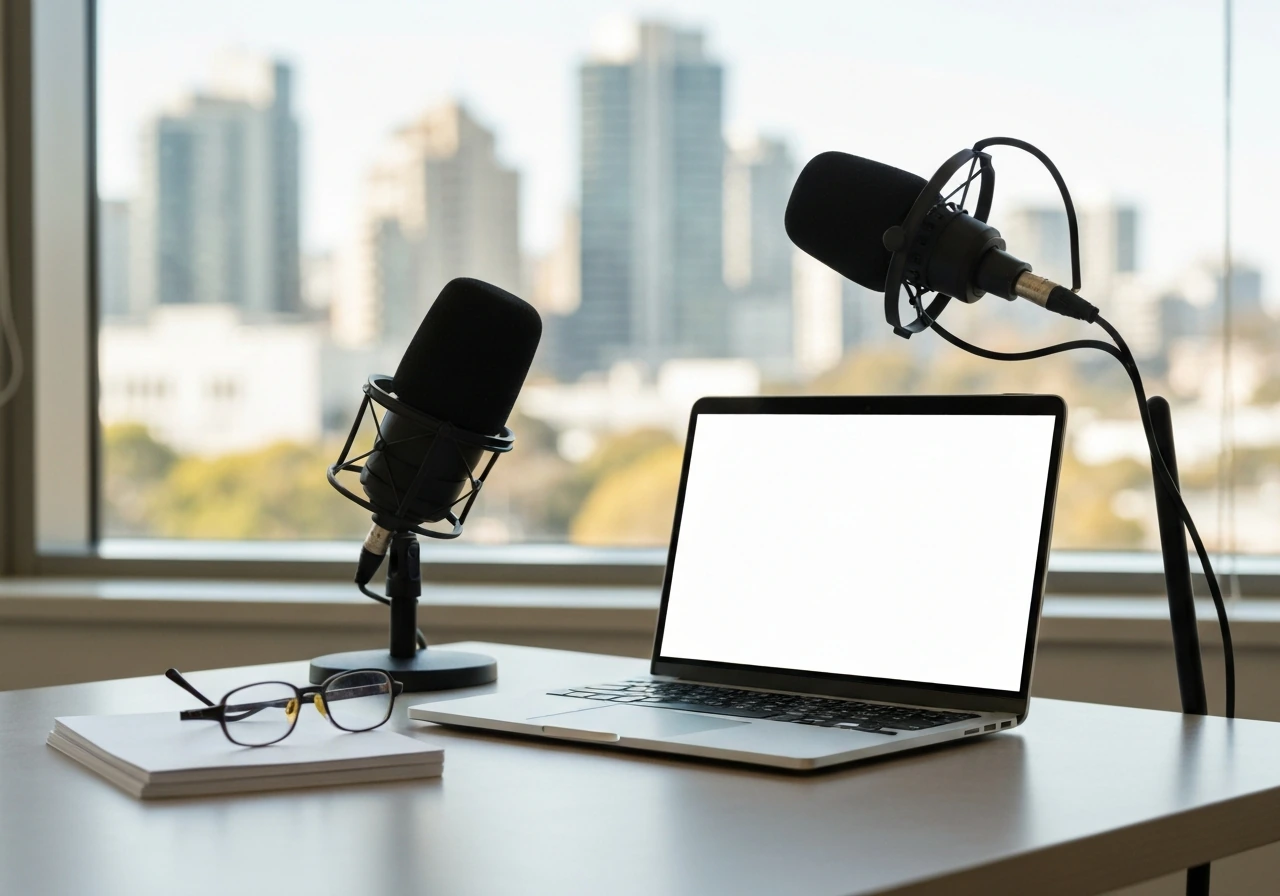 Minimal desk scene with a laptop, scattered papers, and a blurred city skyline suggesting business journalism