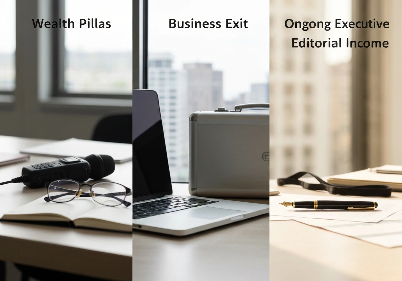 Minimal photo of a desk with newsroom, business, and executive office elements in three clean sections.