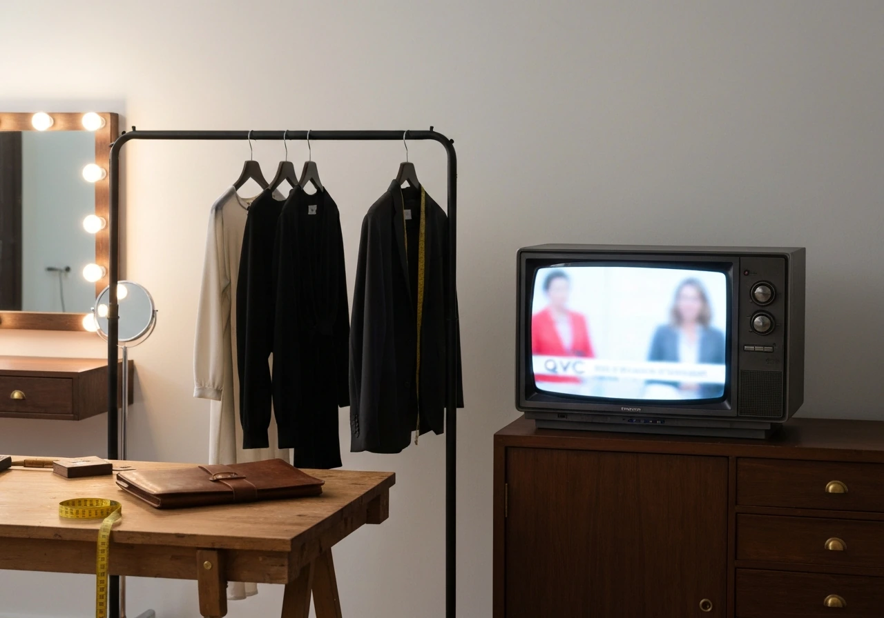 Designer studio with garments and a blurred retail-style TV broadcast vibe, hinting at wealth and media.