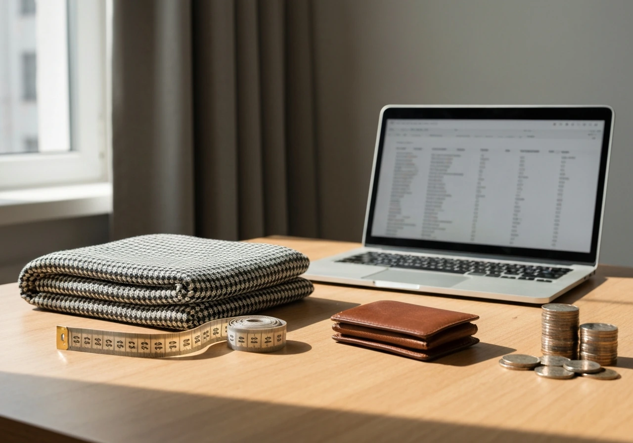 Minimal fashion studio desk with fabric swatch, wallet, coins, and a blurred laptop symbolizing estimated wealth.