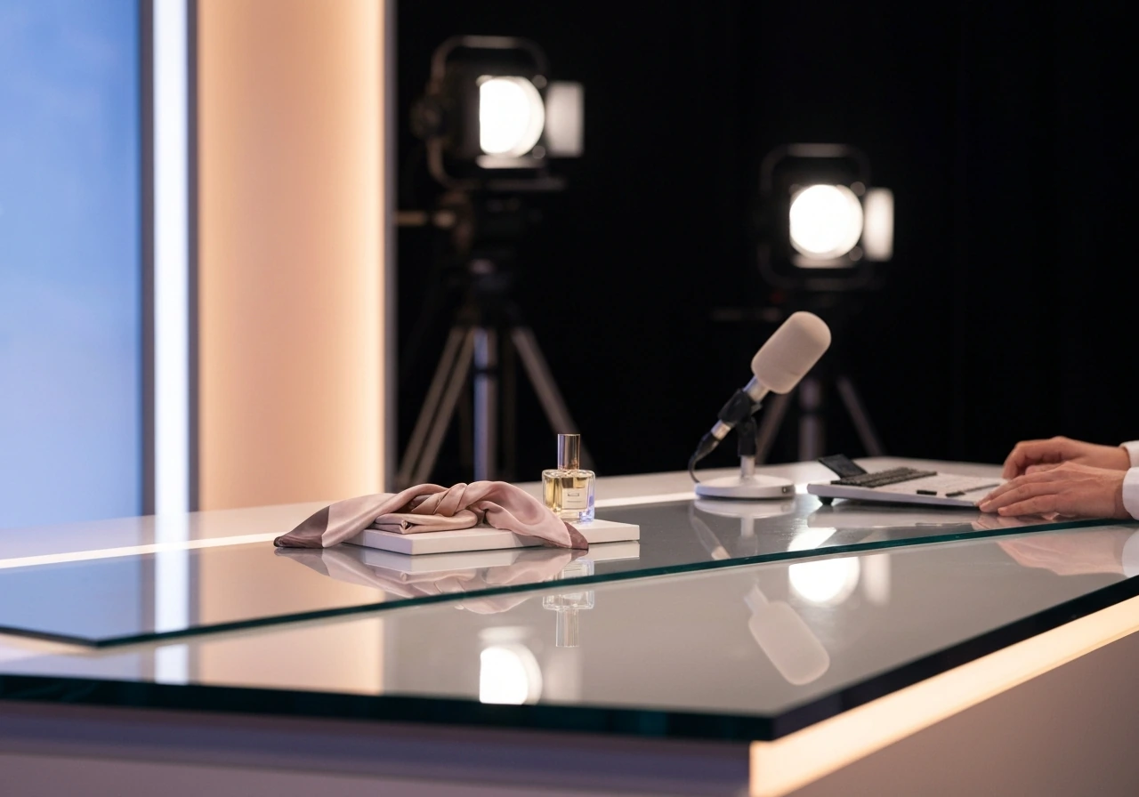 A QVC-style studio set with a fashion-themed product display on a desk under bright studio lights