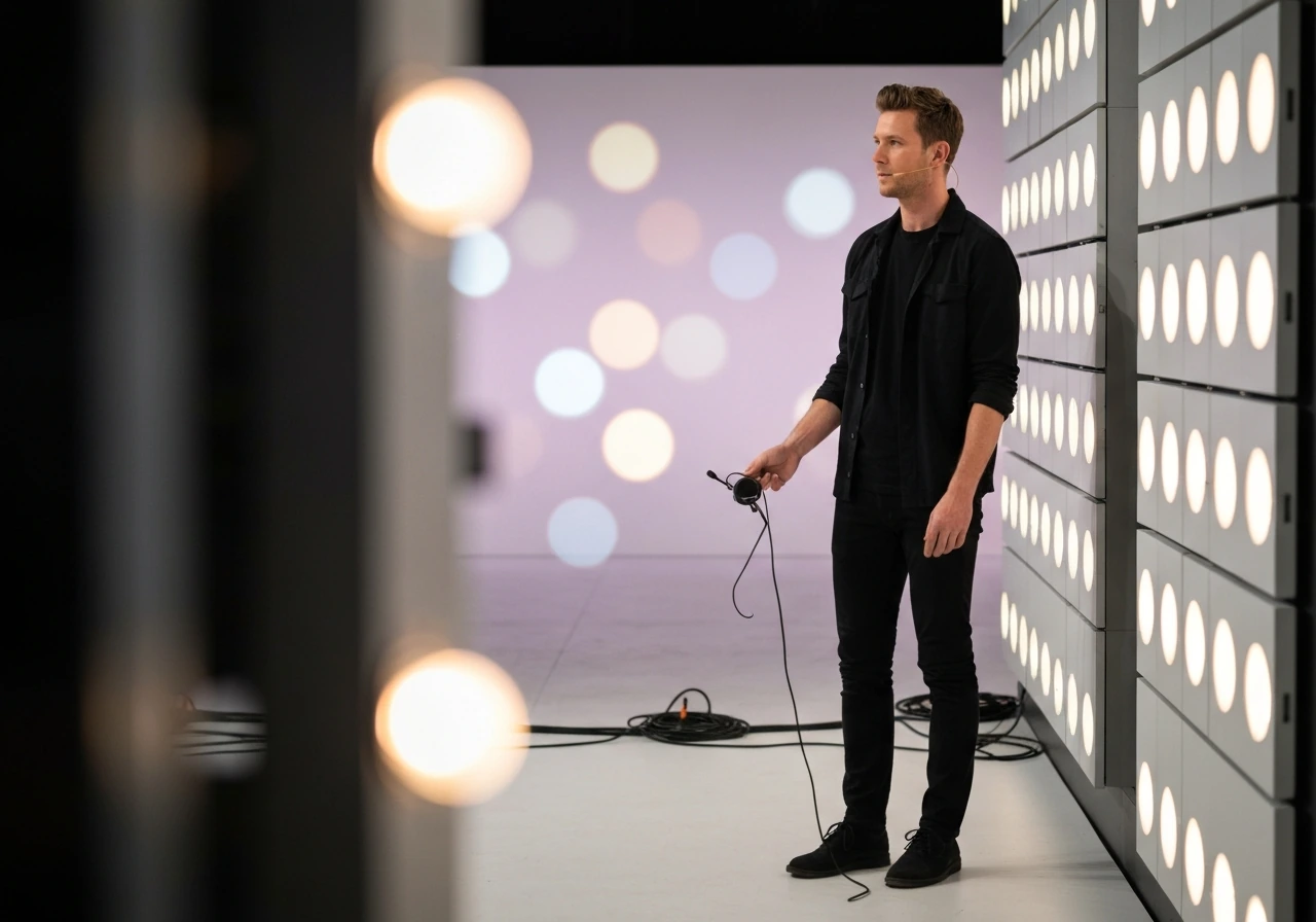 Anonymous presenter backstage at a TV reality-show set with soft studio lights and a media wall vibe.