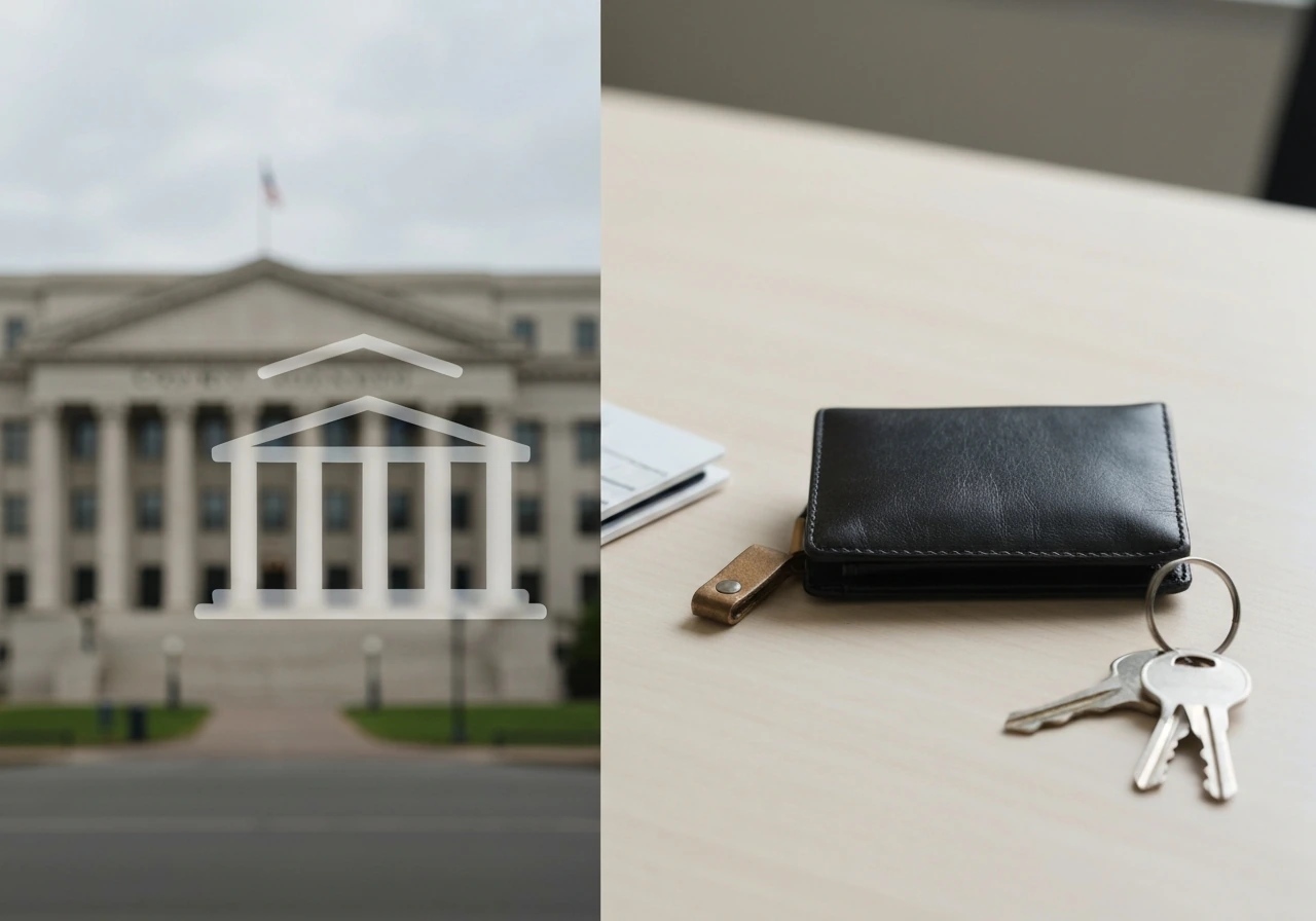 Split photo: courthouse atmosphere vs wallet on desk, implying insolvency isn’t the same as personal bankruptcy.