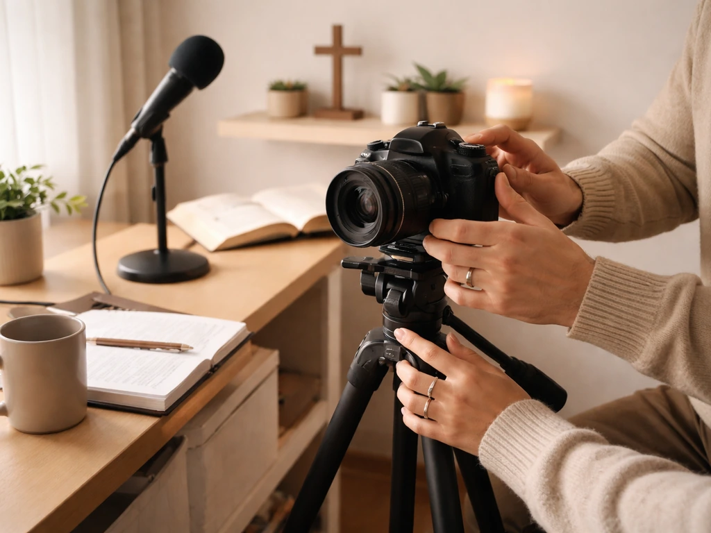 Hands adjusting a home YouTube filming setup with warm faith cues and a microphone, no faces shown.