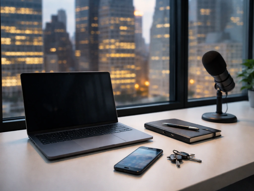 Urban finance scene with an anonymous laptop and smartphone setup suggesting crypto investing and media analysis.